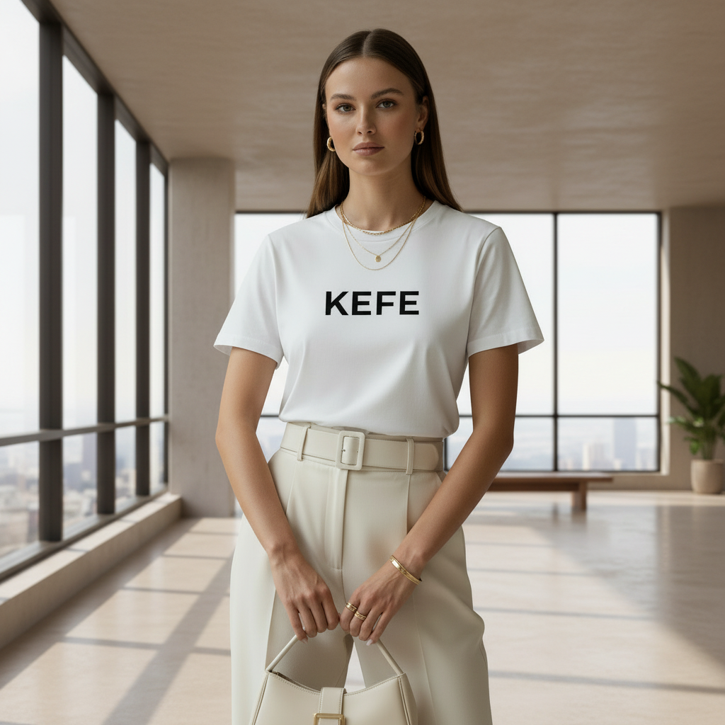 Woman wearing a white t-shirt with 'KEFE' text in a minimalistic setting